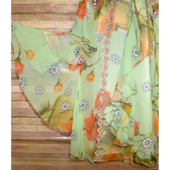 Middle East Arabian Green Floral Maxi Evening Dress Gown  XL 1X Sequin Ruffles - Picture 7 of 16